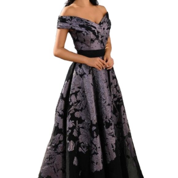 NWT Terani Couture 252E5188 Metallic Organza Formal Gown Black Pewter Size 12 - Picture 1 of 6